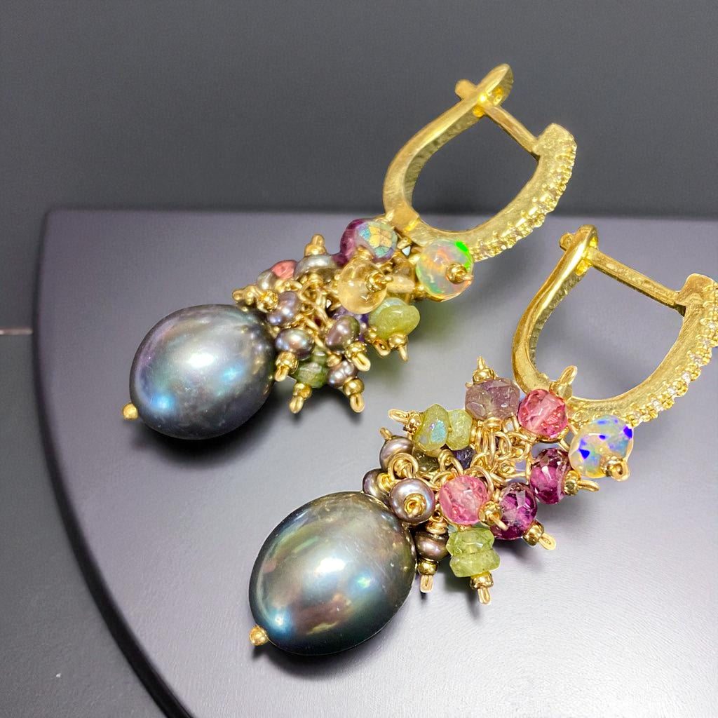 Grey Pearl Earrings with Colorful Gemstone Clusters in Sterling Silver