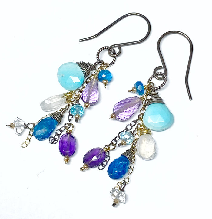 Sleeping Beauty Turquoise Dangle Earrings with Moonstone, Amethyst in Mixed Metals