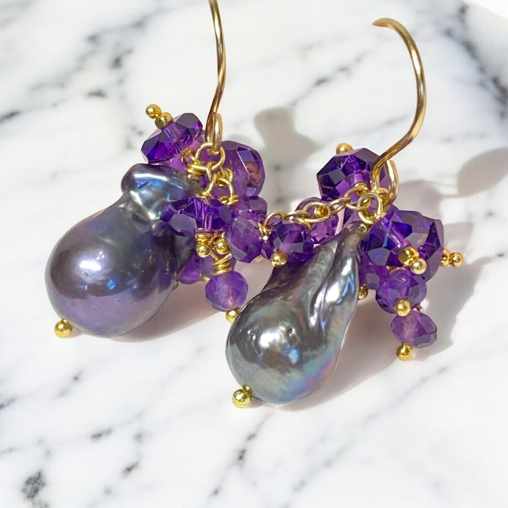Baroque Peacock Pearl Amethyst Cluster Earrings