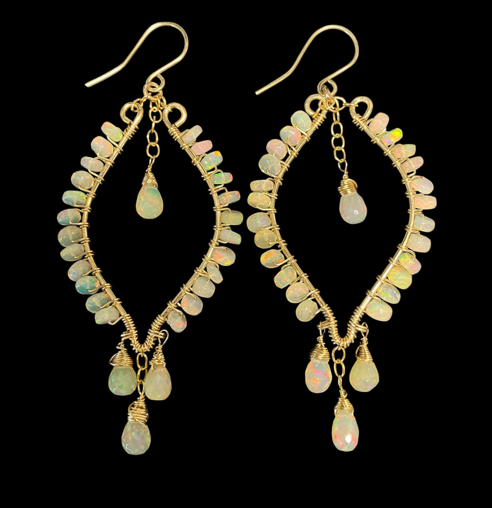 Ethiopian Opal  Hoop Chandelier Earrings, Gold Fill