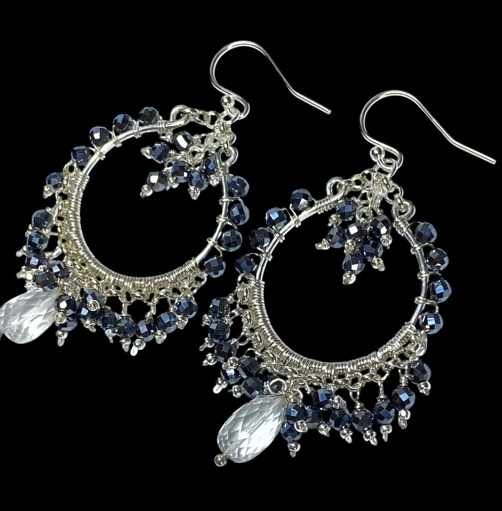 Black Gemstone Chandelier Hoop Earrings Sterling Silver 2