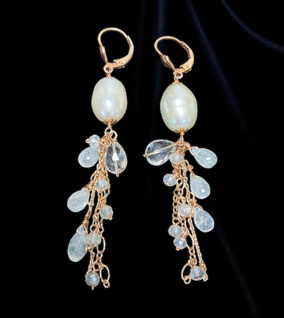 Rose Gold Pearl Moonstone Clear Zircon Long Dangle Earrings