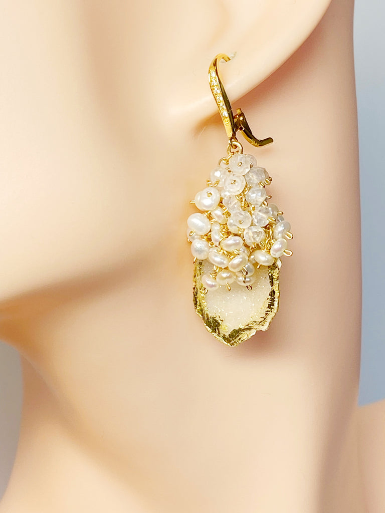 Golden Tabasco Geode 24 kt Gold Leaf Earrings with Pearl and Mystic Crystal Clusters