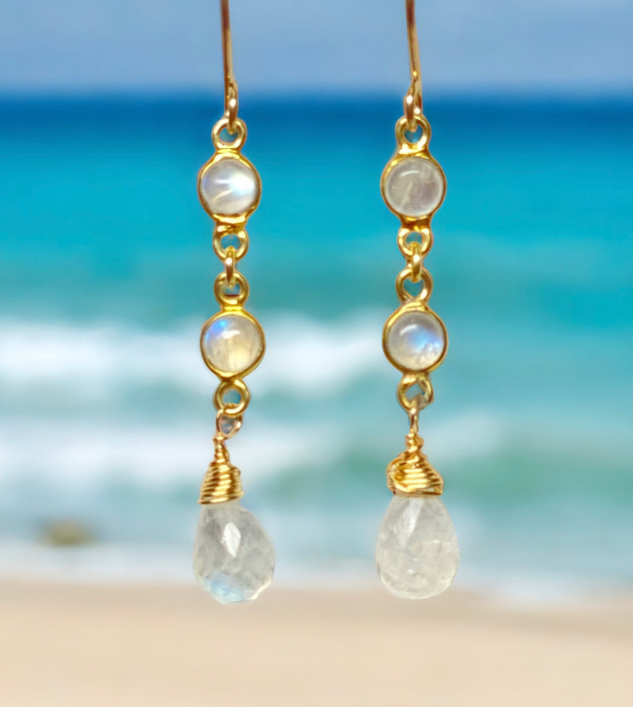 rainbow moonstone double dangle earrings gold fill