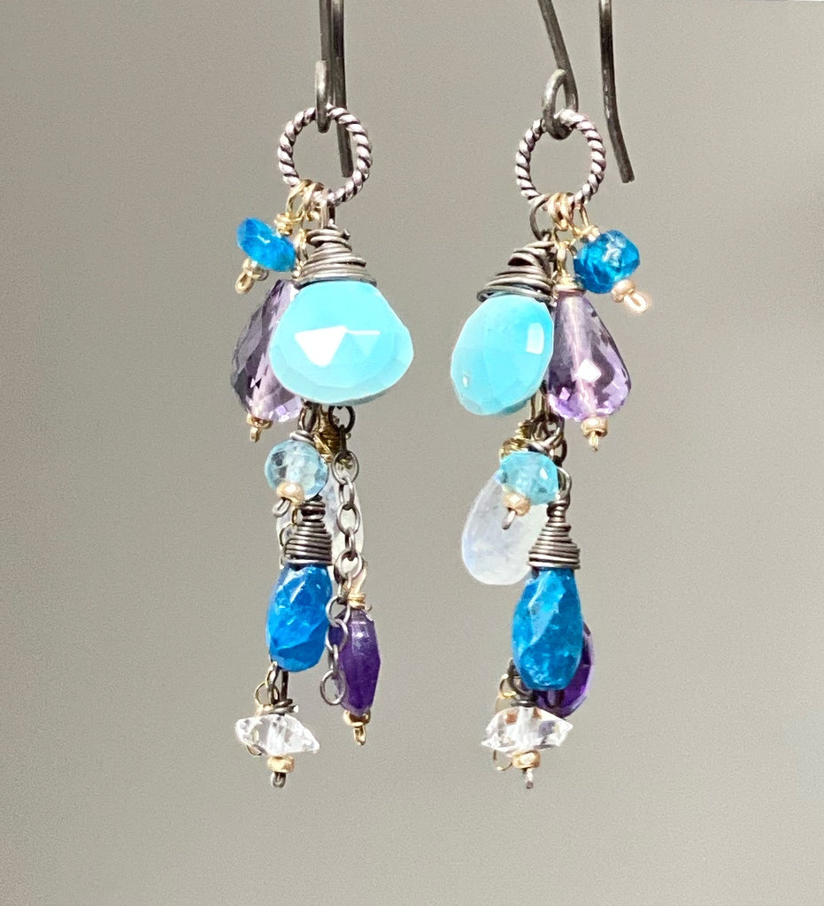 Sleeping Beauty Turquoise Dangle Earrings with Moonstone, Amethyst in Mixed Metals