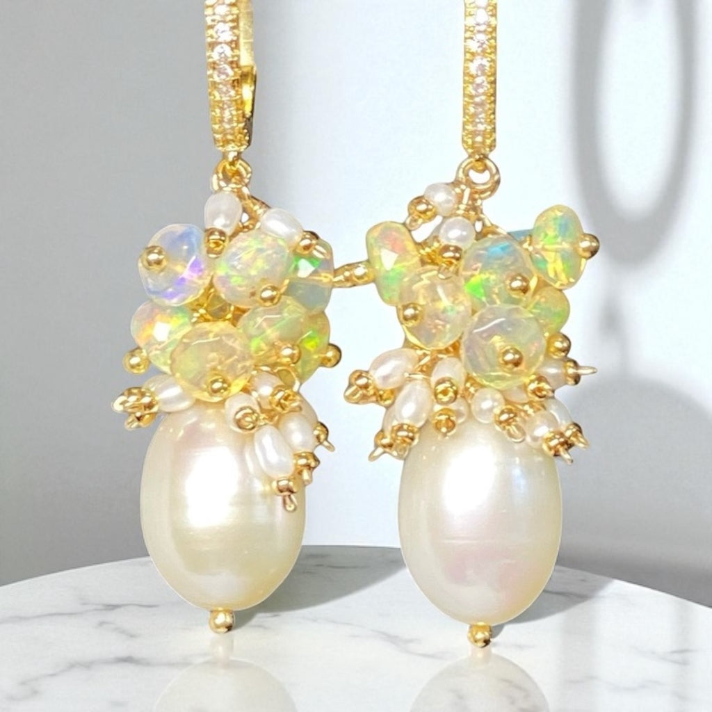 Pearl and Opal Cluster Earrings Gold