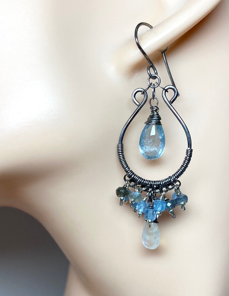 Aquamarine Oxidized Sterling Silver Hoop Chandelier Earrings