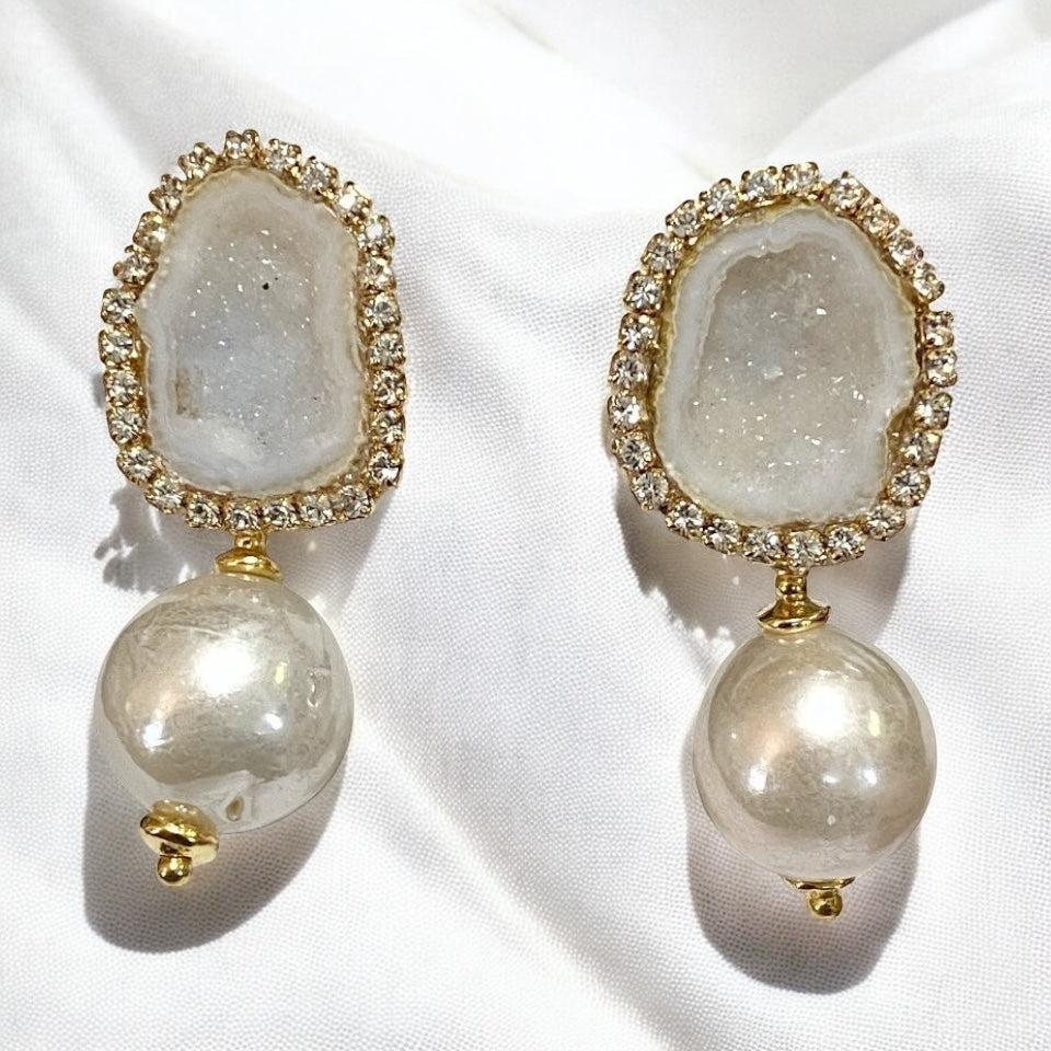 White Tabasco Geode Post Earrings with White Edison Pearls