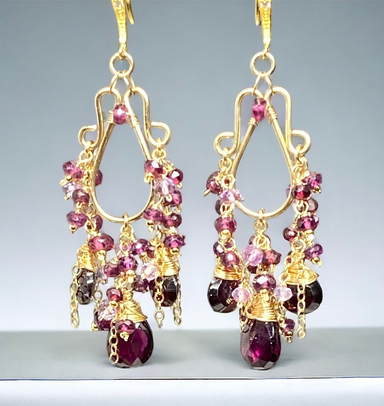 Rhodolite Garnet Boho Chandelier Earrings Gold Fill
