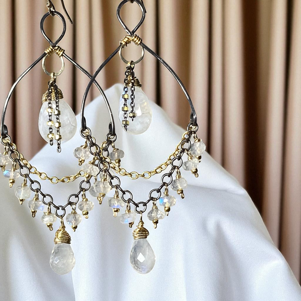 Rainbow Moonstone Mixed Metal Chandelier Earrings Beaded Statement Earrings