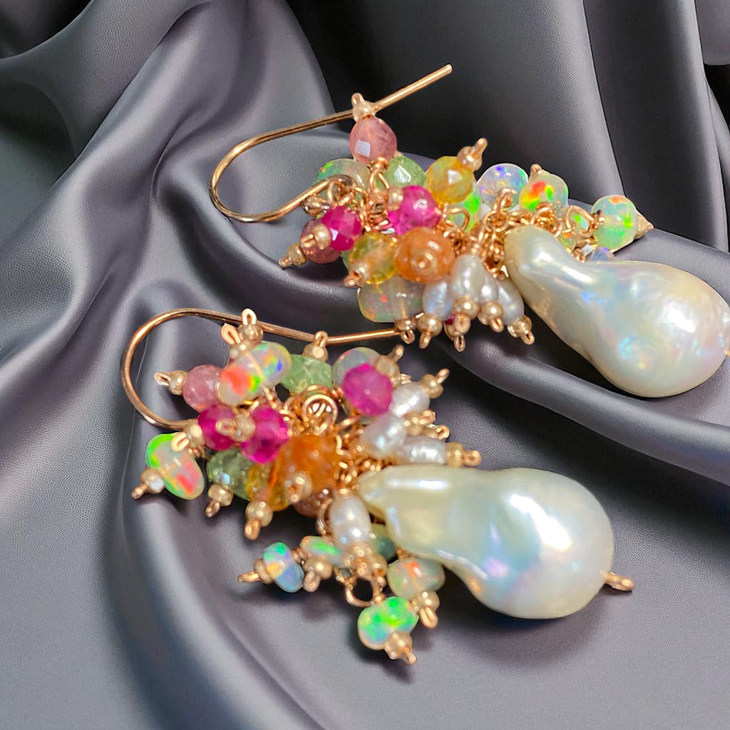 White Flameball Pearl Multicolor Gemstone Cluster Earrings Rose Gold Fill