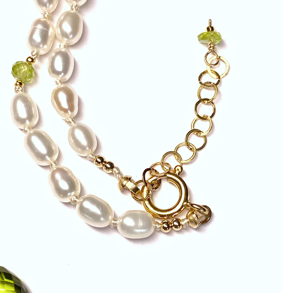 Peridot Gemstone and Pearl Pendant Necklace on 14 kt Gold Fill