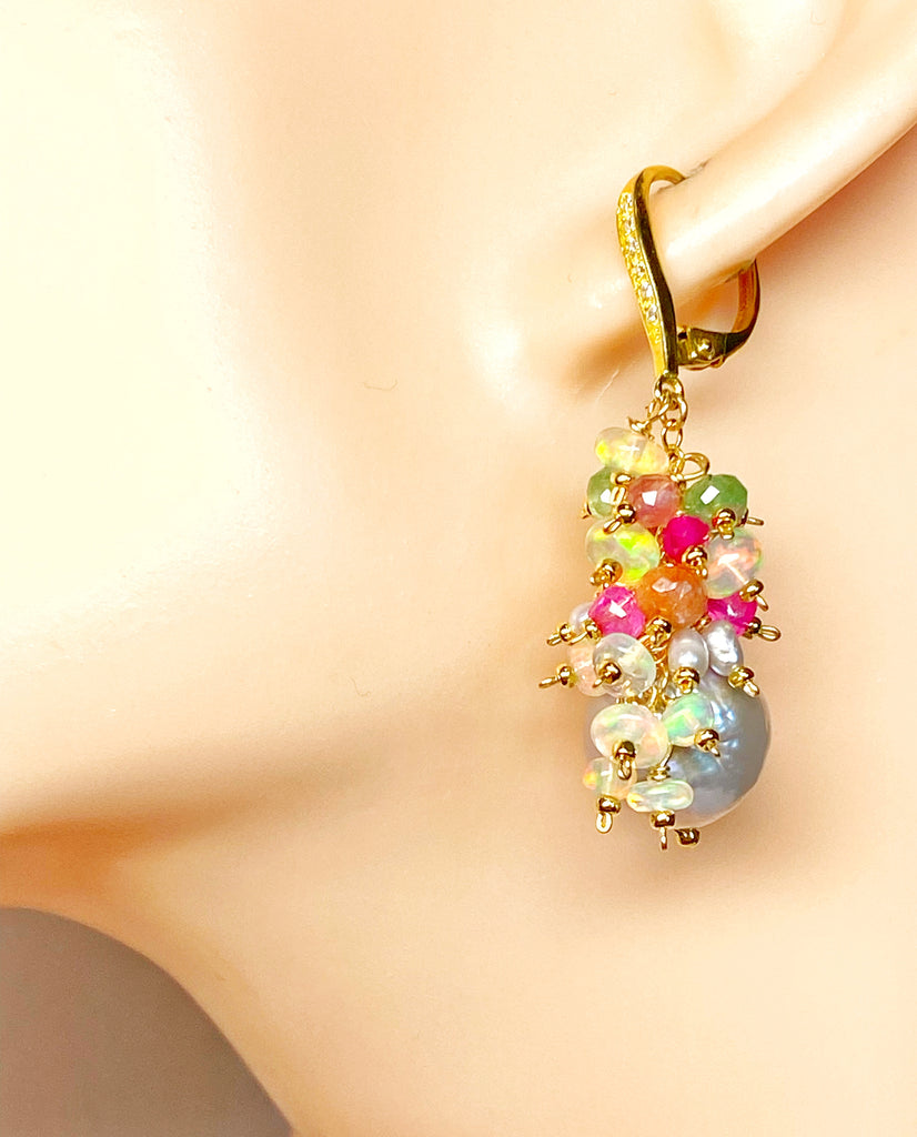 Silver Edison Pearl Multicolor Gemstone Cluster Earrings Gold Fill