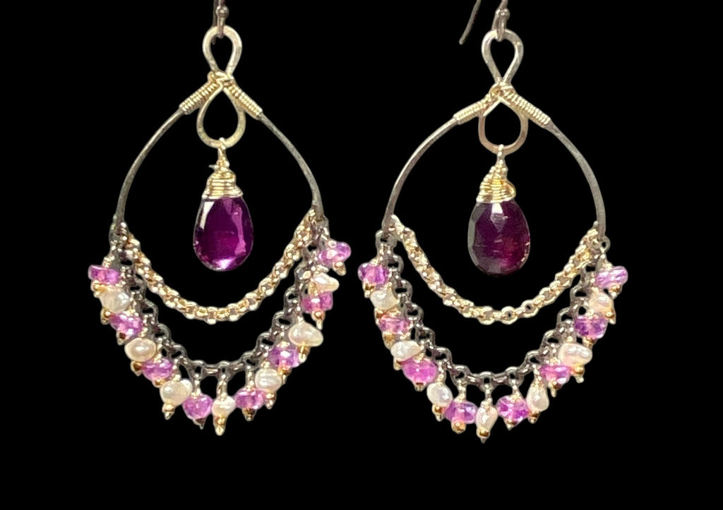 Rhodolite Garnet Chandelier Earrings with Sapphires in Mixed Metals 2