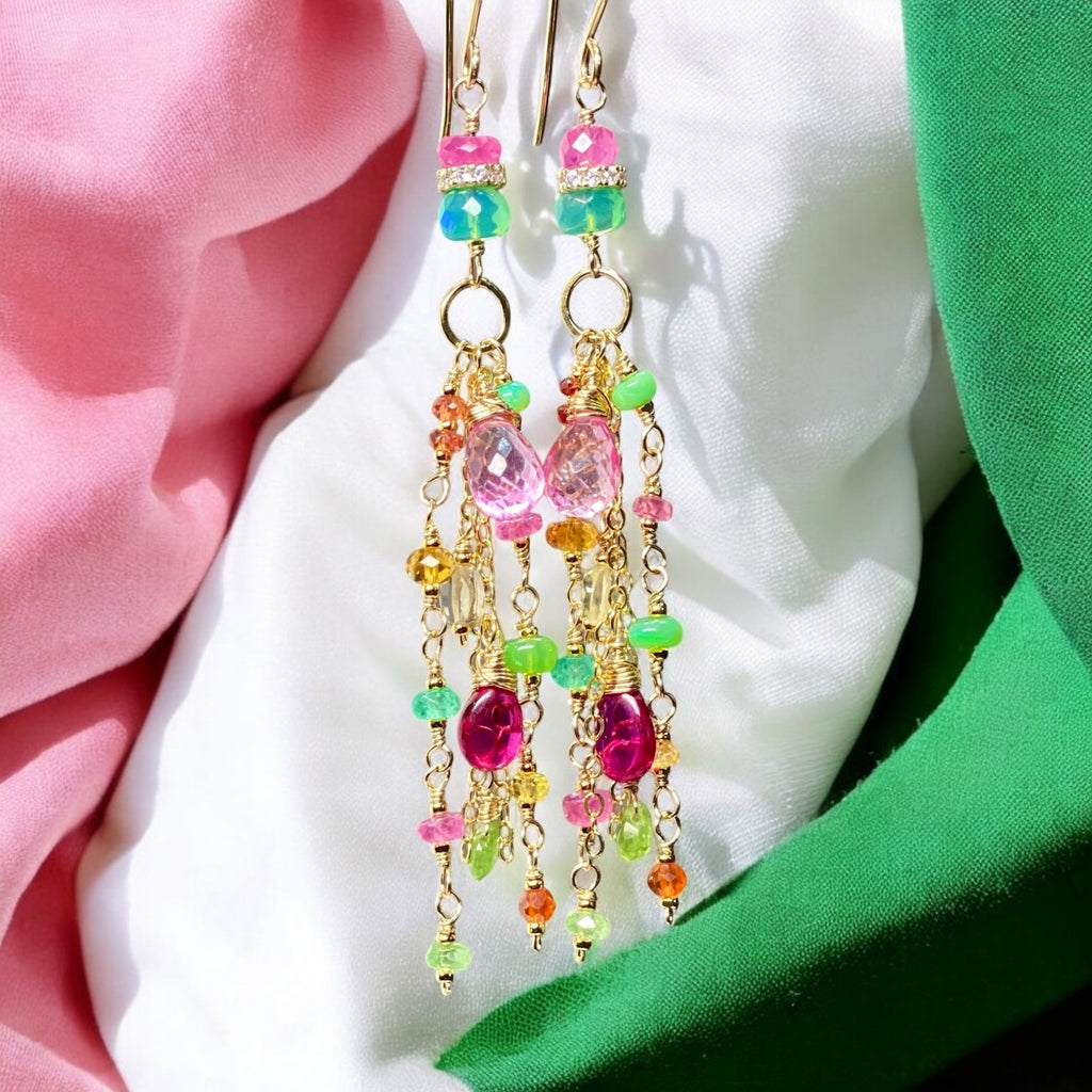 Pink Sapphire, Green Gemstone Gold Fill Long Dangle Earrings