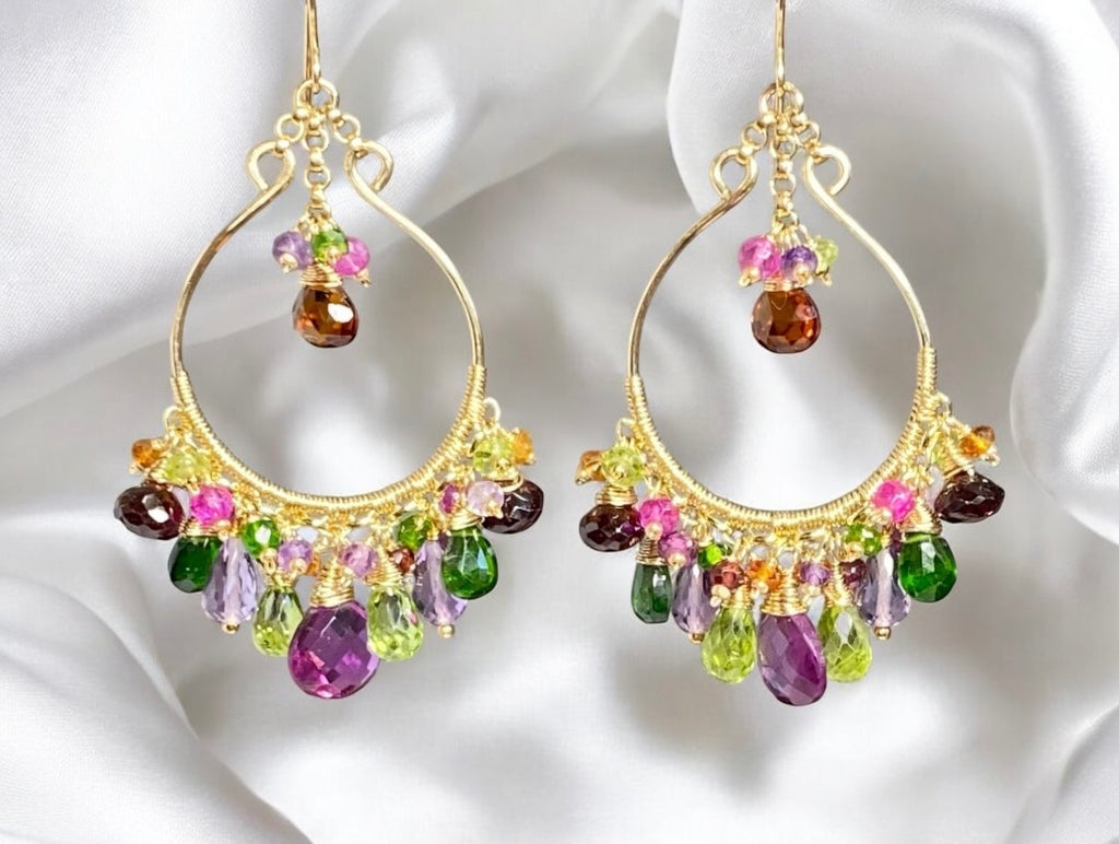 Statement Multi Gemstone Chandelier Hoop Earrings - Violet, Green, Pink