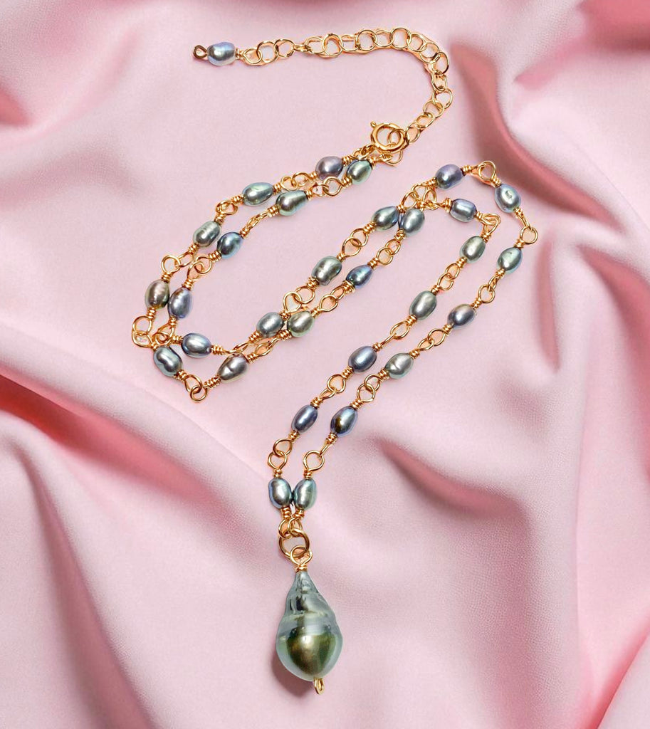 Tahitian Pearl Pendant Necklace Wire Wrapped Rosary Style Rose Gold Fill