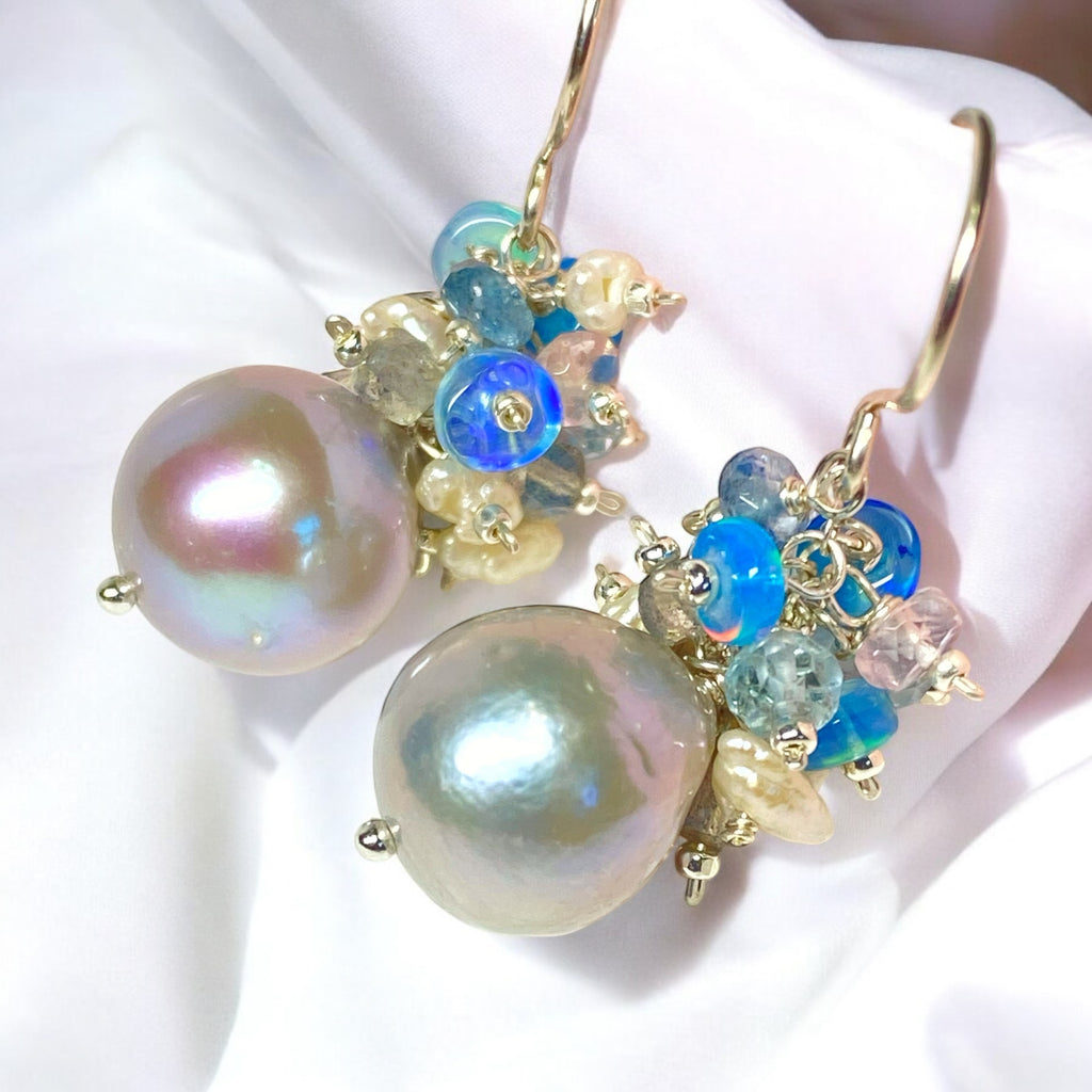 Silver Pearl Cluster Earrings with Blue Opal, Keishi Pearls, Aquamarine in Sterling Silver