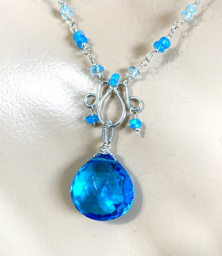 Blue Topaz, Opal and Gemstone Pendant Necklace Rosary Style Sterling Silver