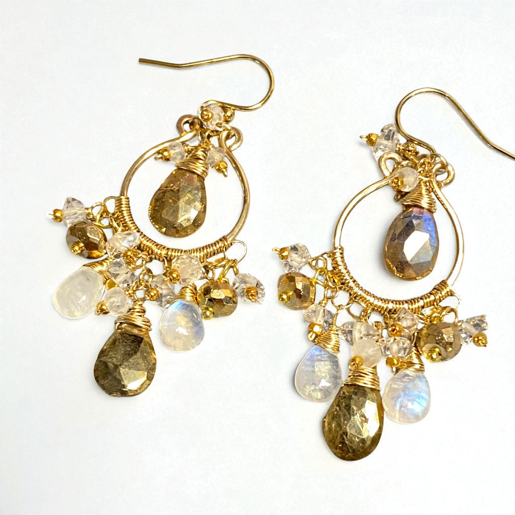 Rainbow Moonstone Gold Labradorite Chandelier Hoop Earrings Gold Fill