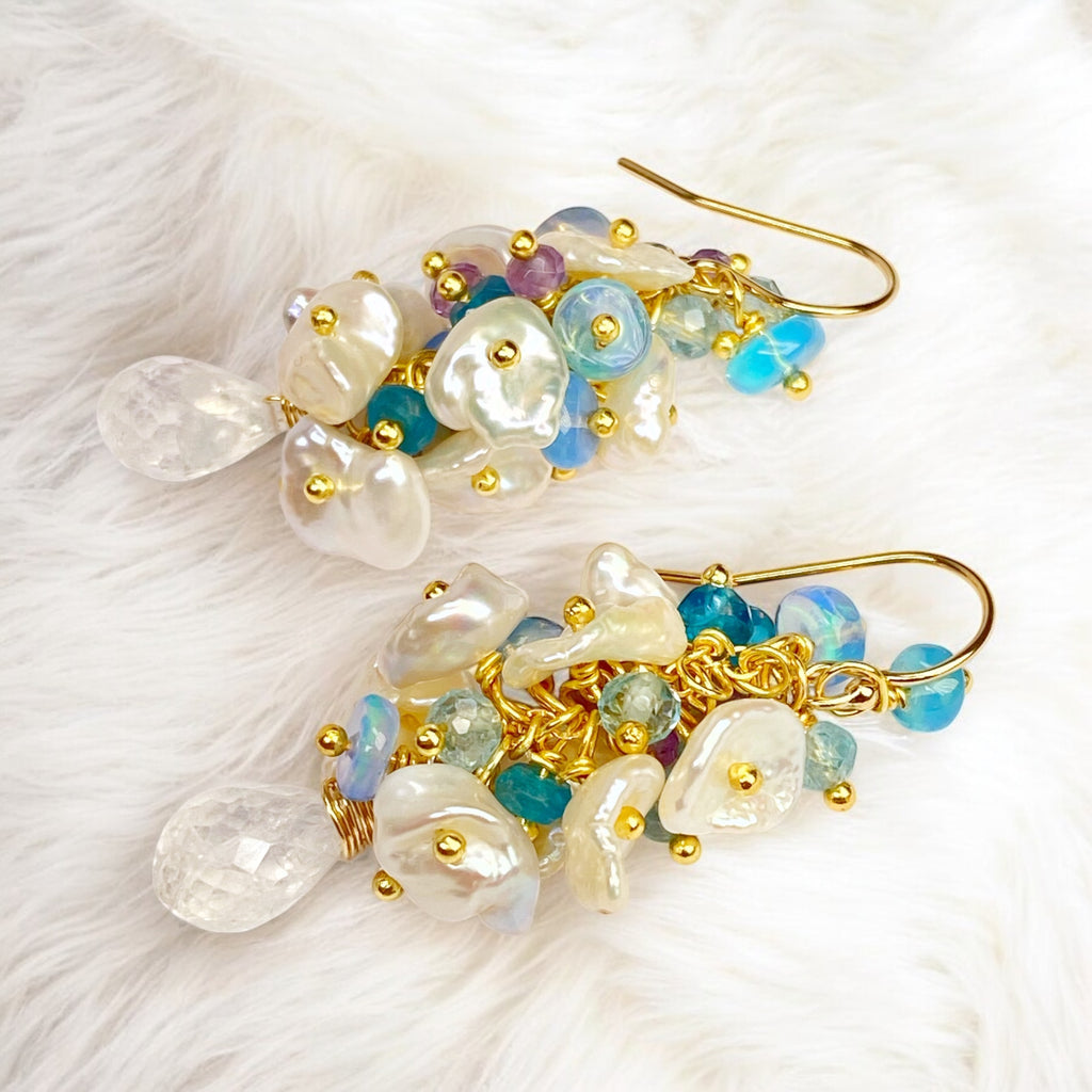 Blue Ethiopian Opal, Keishi Pearl and Gemstone Dangle Earrings Gold