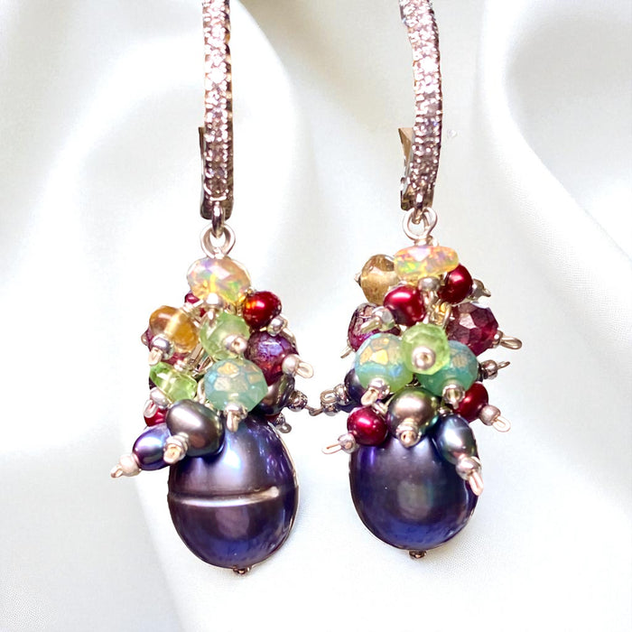Grey Pearl Earrings with Colorful Gemstone Clusters in Sterling Silver