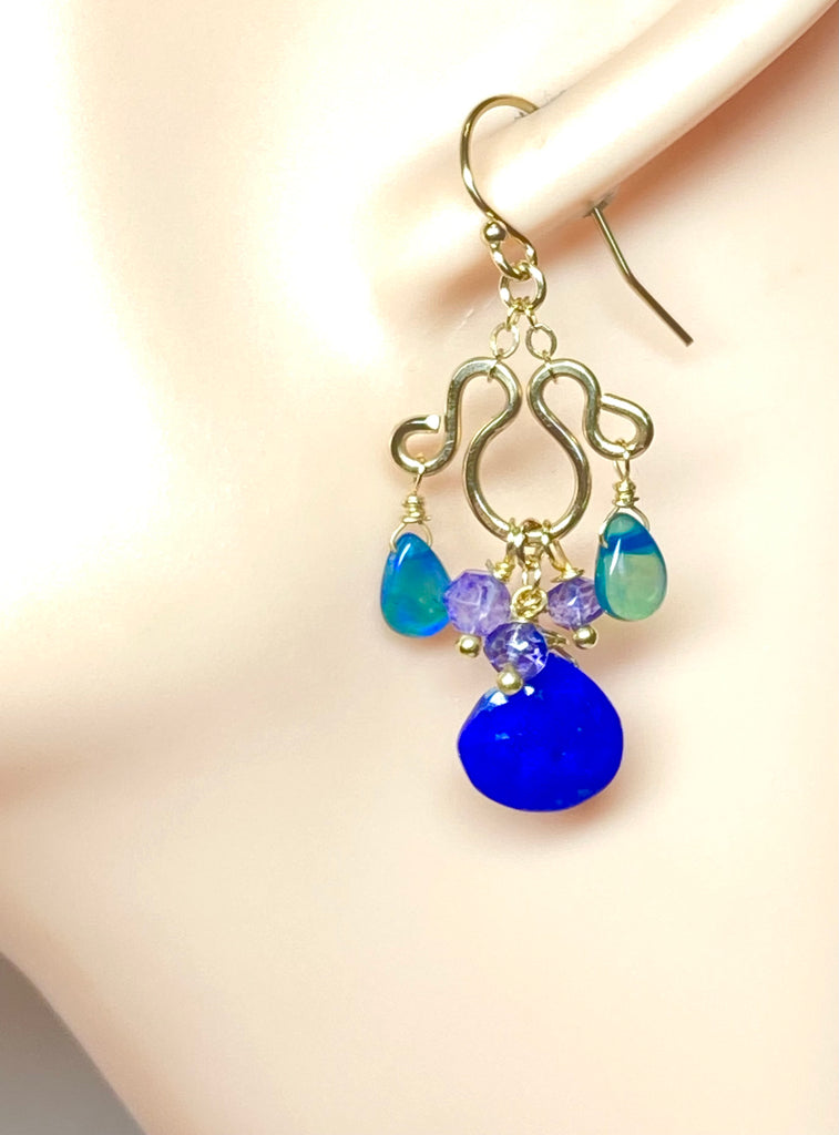 Blue Lapis, Blue Opal Chandelier Earrings Gold Fill