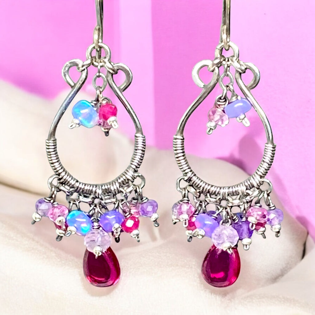 Pink Rubellite, Lavender Gems Oxidized Silver Hoop Chandelier Earrings,