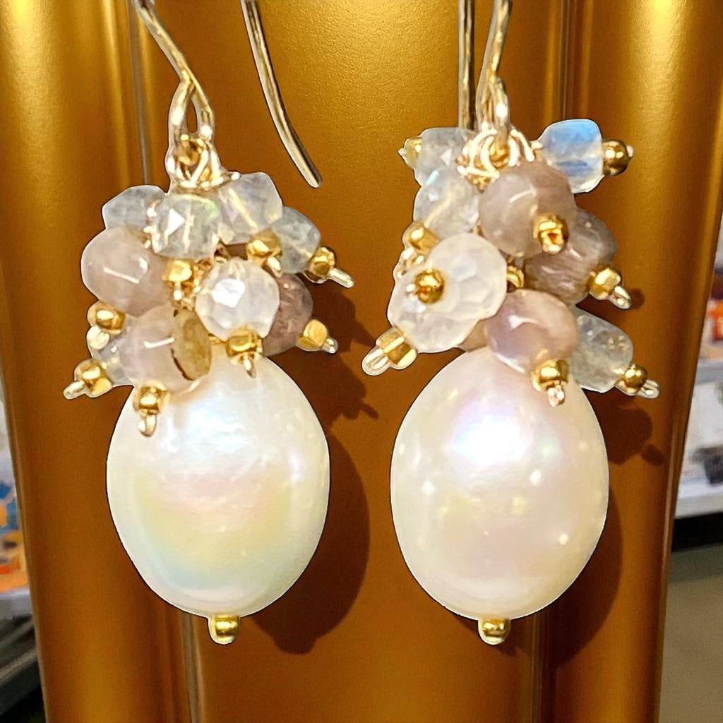 Pearl Cluster Earrings with Labradorite, Chocolate Moonstone Gold Fill or Sterling Silver