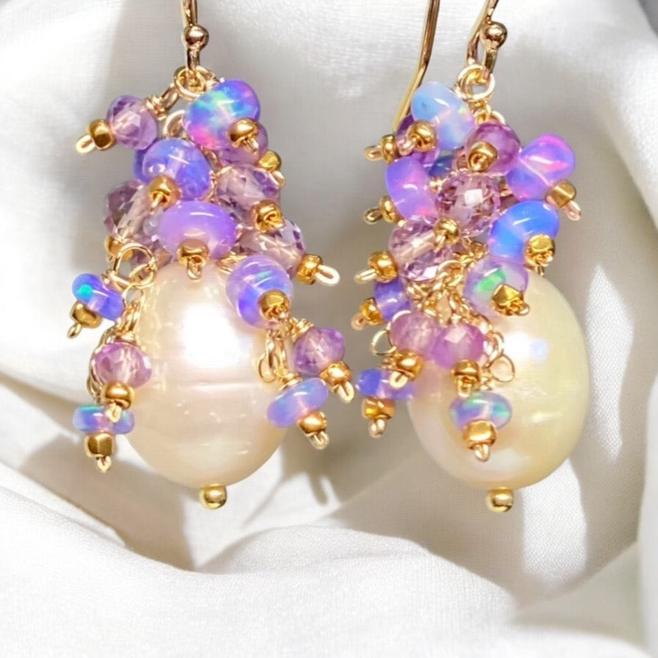 Lavender Blue Opal and Pearl Cluster Earrings, Gold Fill