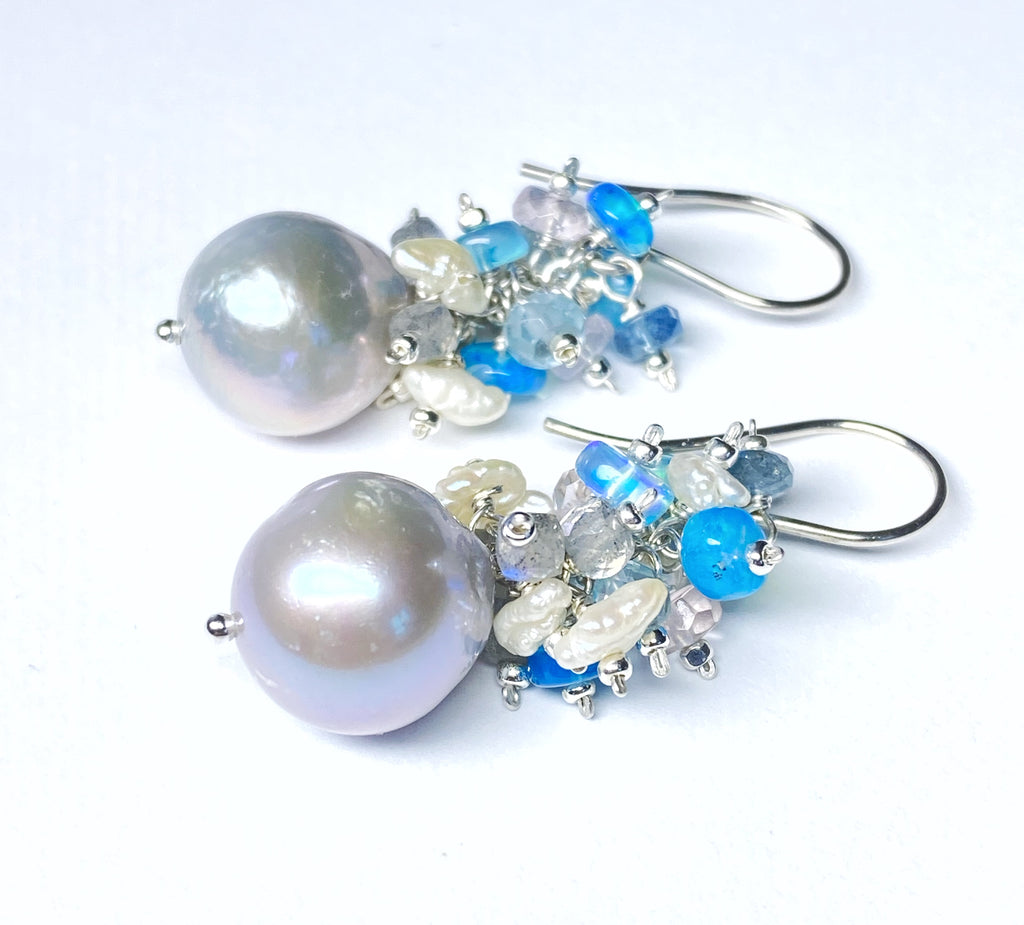 Silver Pearl Cluster Earrings with Blue Opal, Keishi Pearls, Aquamarine in Sterling Silver