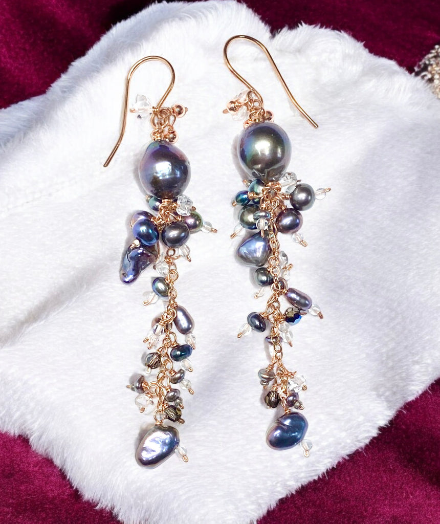 Black Peacock Pearl and Herkimer Crystal Dangle Earrings Rose Gold