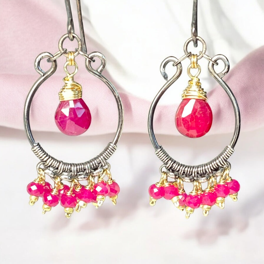 Red Ruby Mixed Metal Chandelier Hoop Earrings