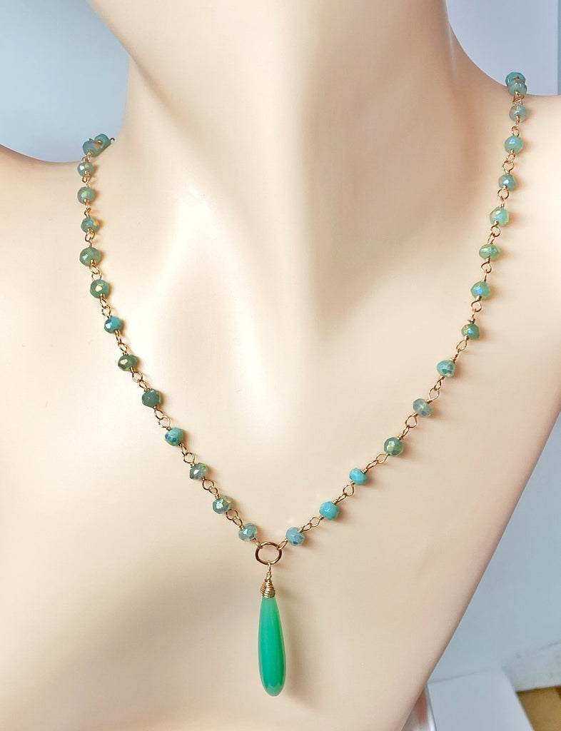 Green Chrysoprase, Rose Gold Wire Wrapped Pendant Necklace