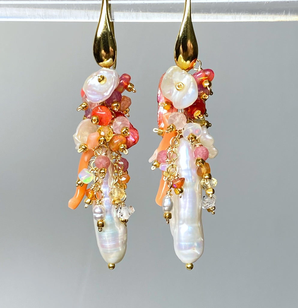 White Biwa Pearl and Coral, Hot Pink Gem Cluster Earrings Gold Fill