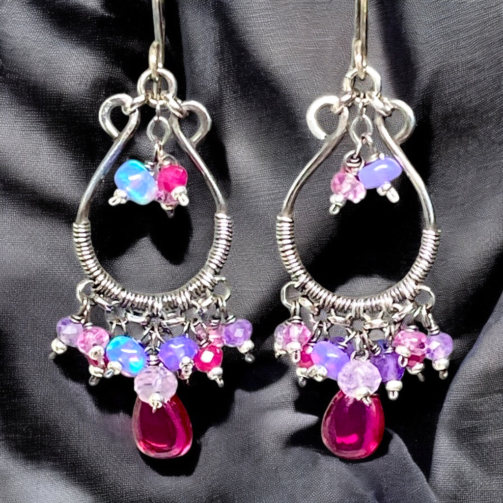 Pink Rubellite, Lavender Gems Oxidized Silver Hoop Chandelier Earrings,