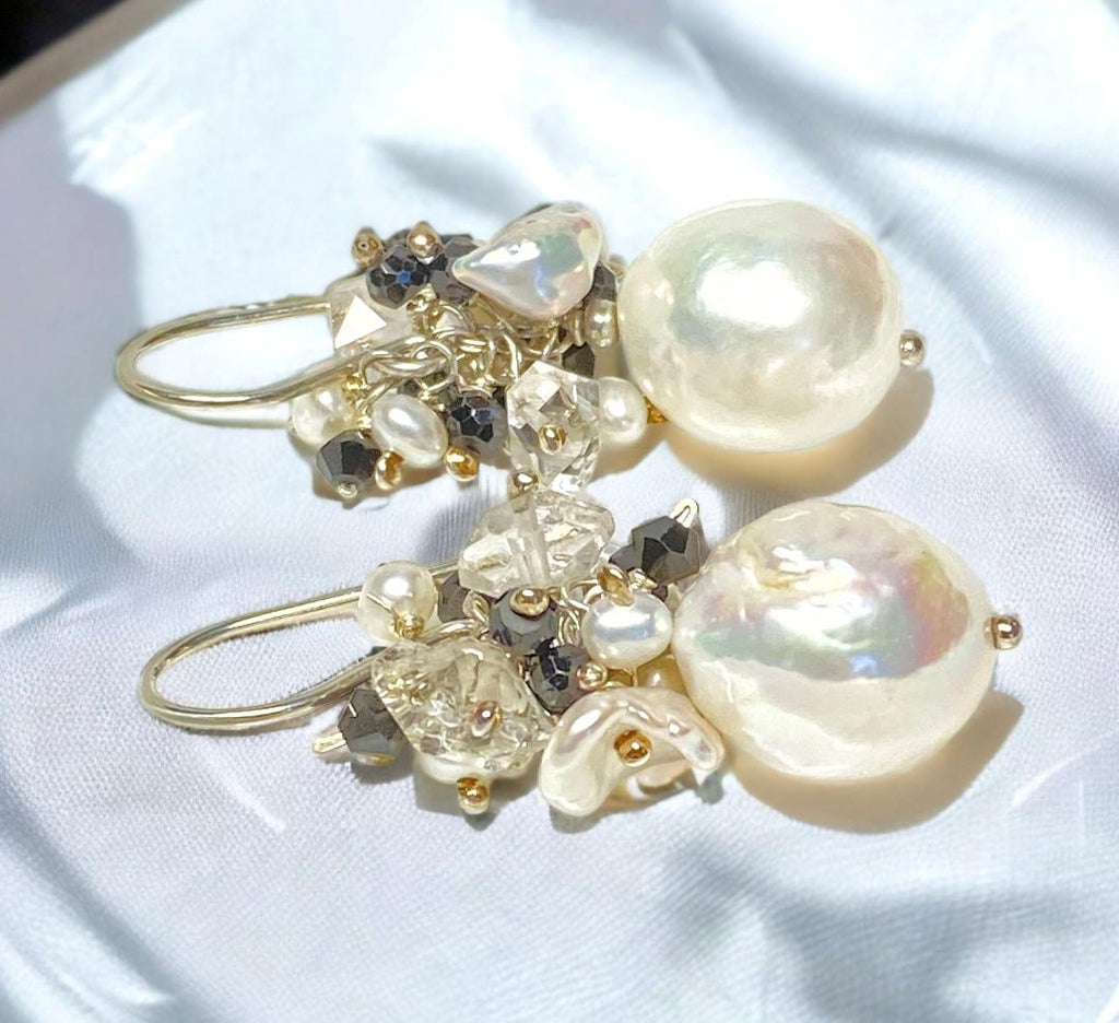 White Edison Pearl Cluster Earrings with Herkimer Diamond, Black Spinel