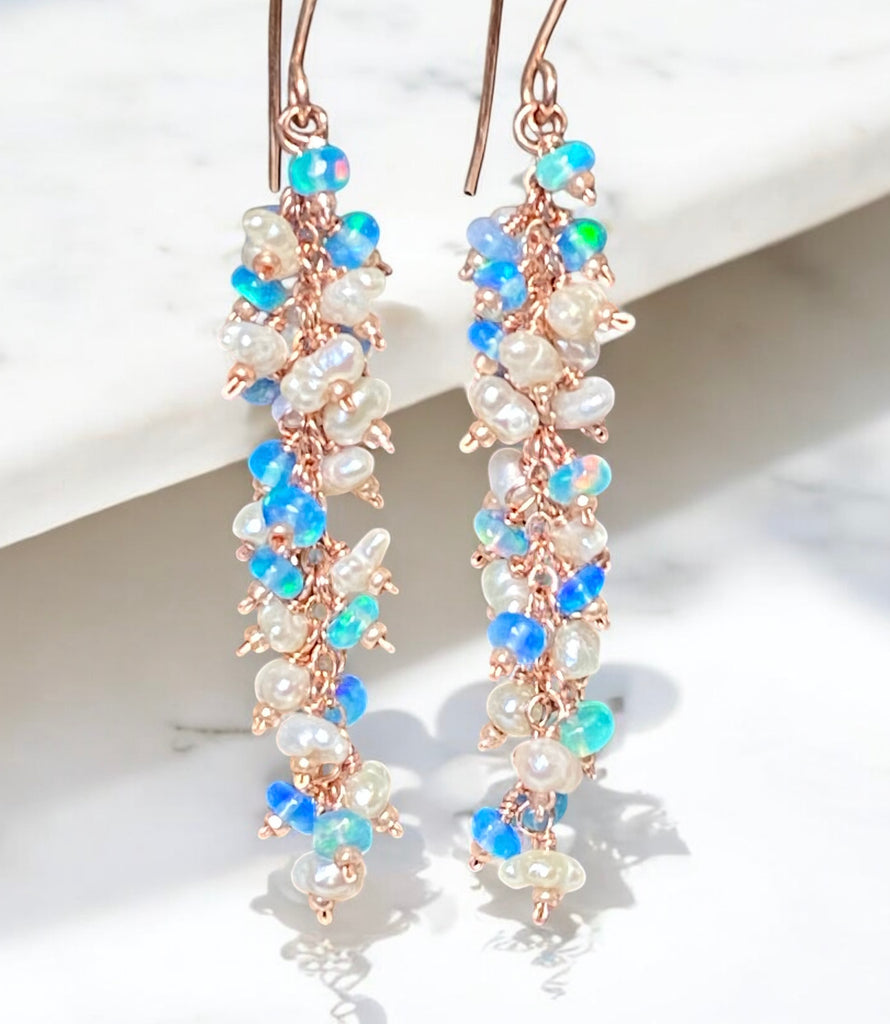 Blue Ethiopian Opal and Keishi Pearl Tassel Dangle Earrings Rose Gold