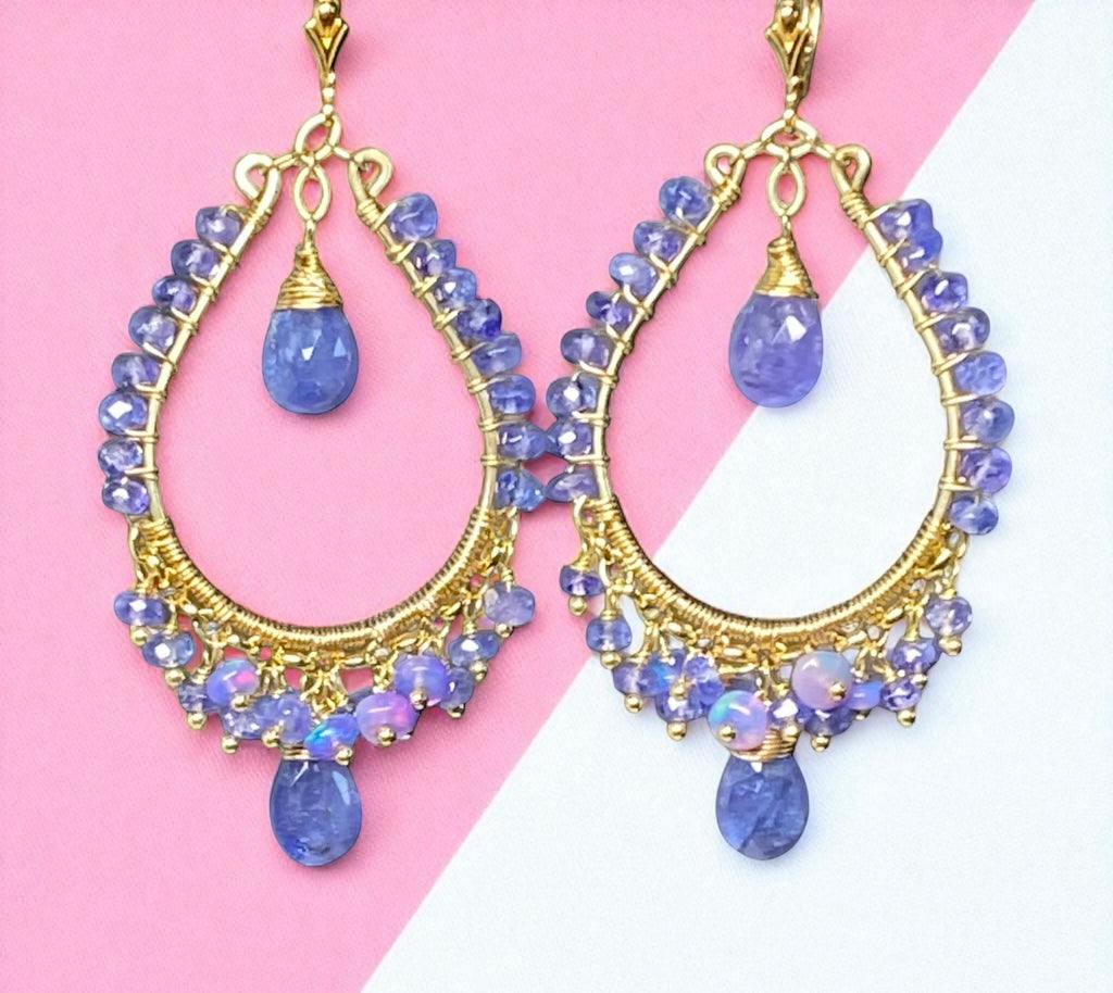 Tanzanite and Opal Hoop Earrings in Gold Fill