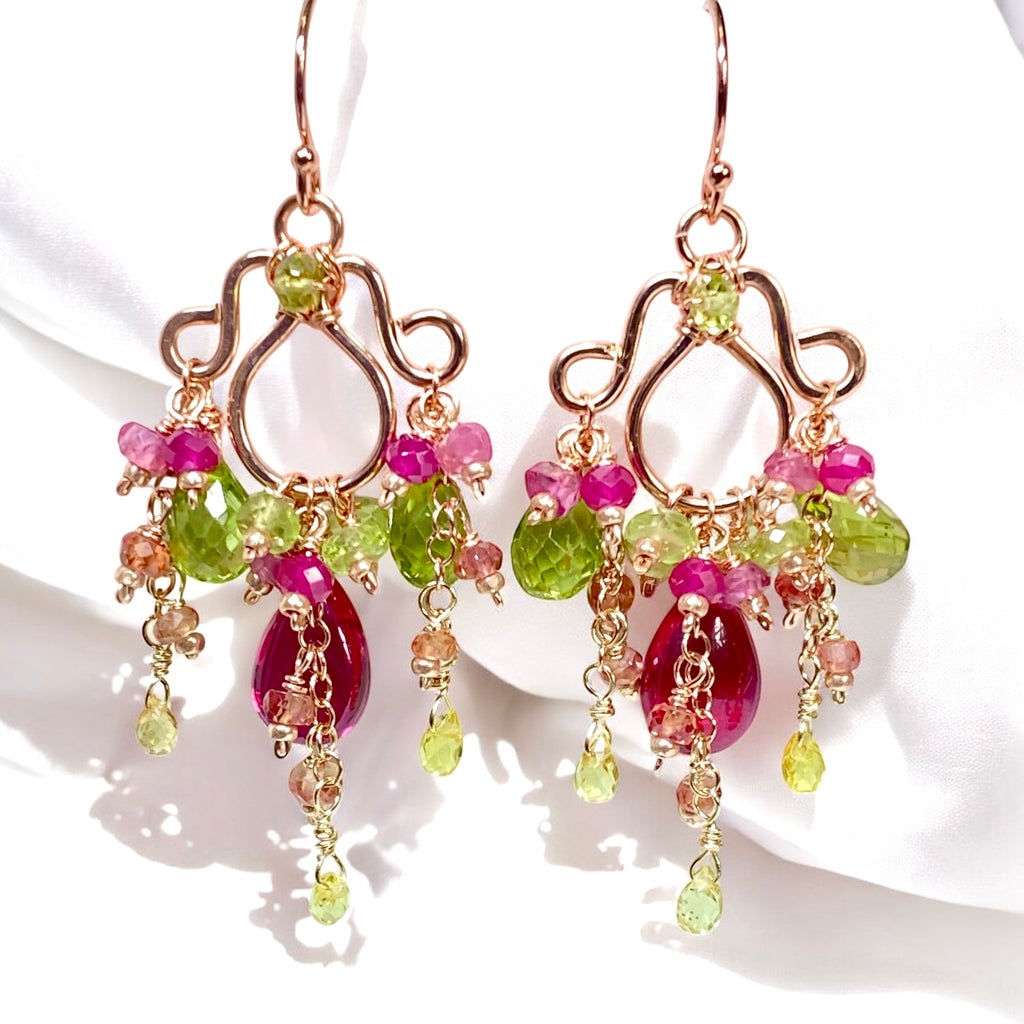 Rubellite and Peridot Rose Gold Chandelier Earrings - Pink and Green