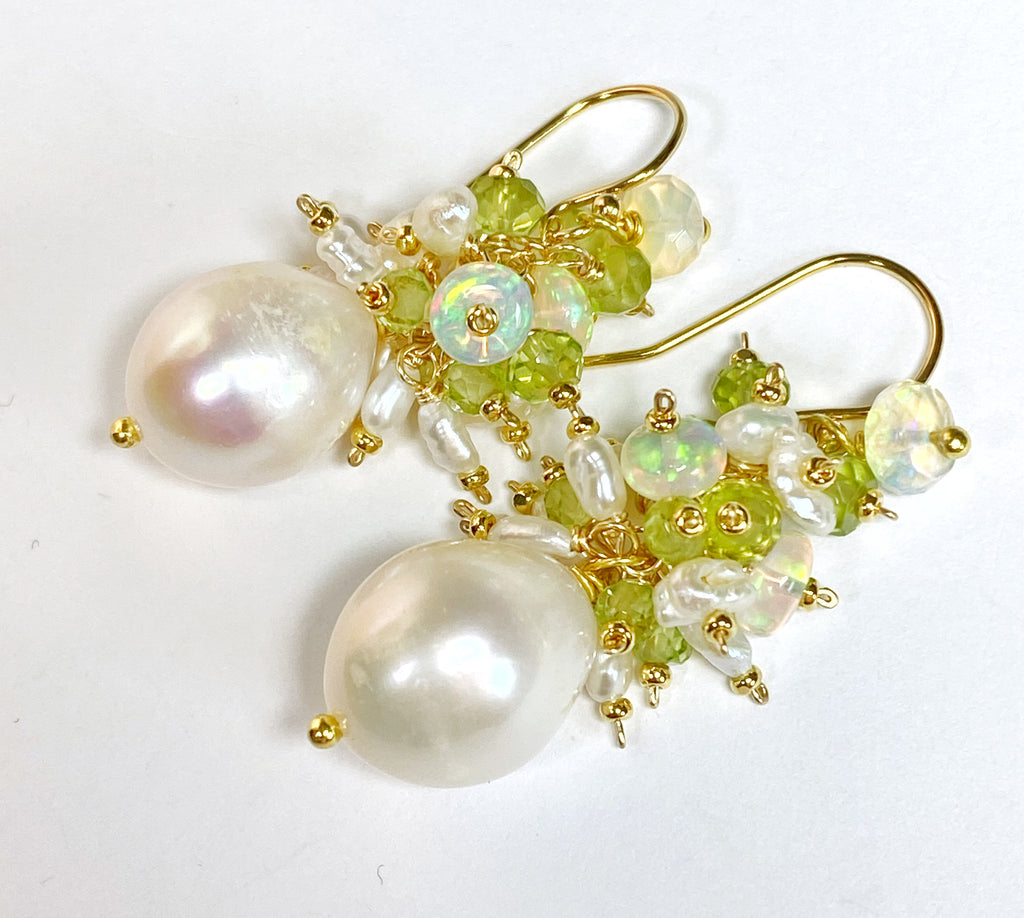 Peridot, Opal, Pearl Cluster Earrings Gold Fill 2