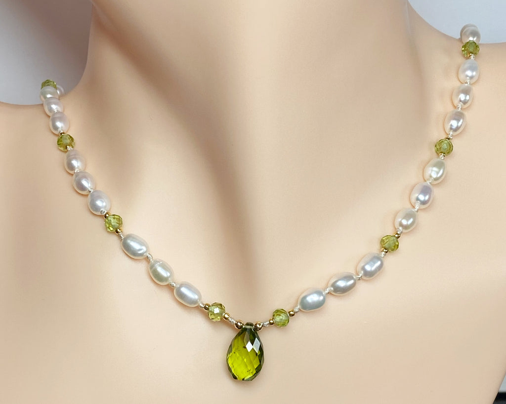 Peridot Gemstone and Pearl Pendant Necklace on 14 kt Gold Fill