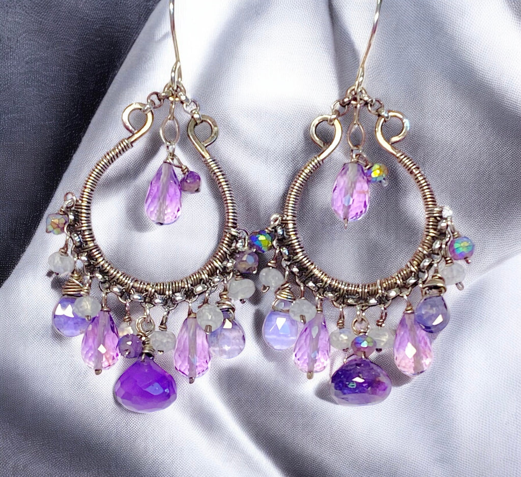 Blue Violet Oxidized Silver Hoop Chandelier Earrings Iolite, Lavender, Purple Amethyst