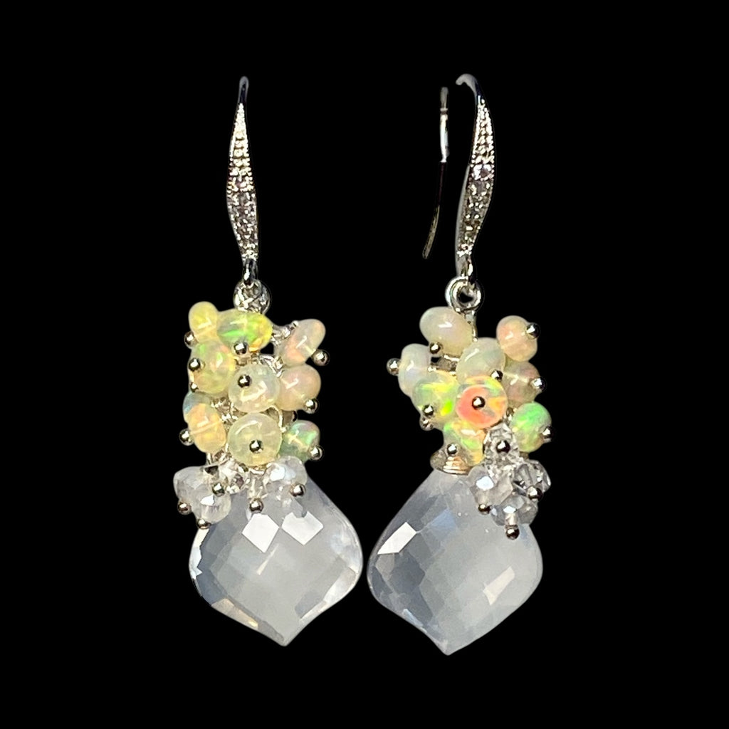 Opal Cluster Crystal Quartz Leverback Earrings