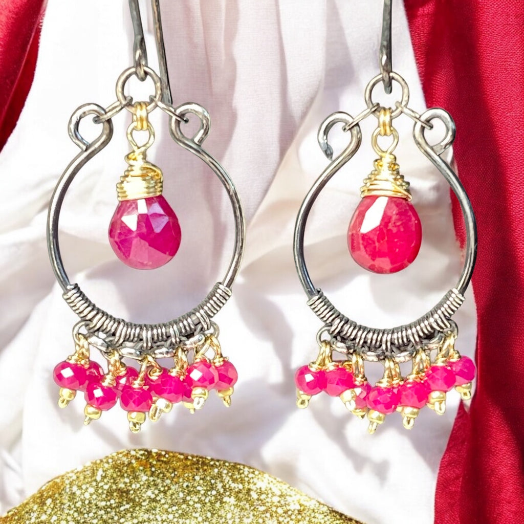Red Ruby Mixed Metal Chandelier Hoop Earrings