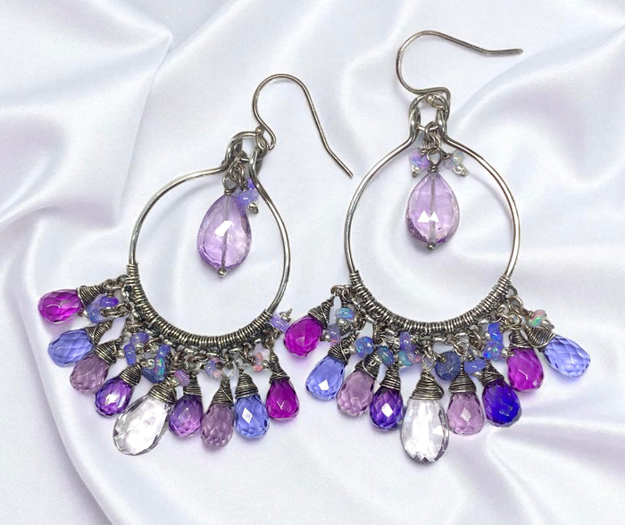 Blue Violet Gem Statement Chandelier Earrings in Oxidized Sterling Silver