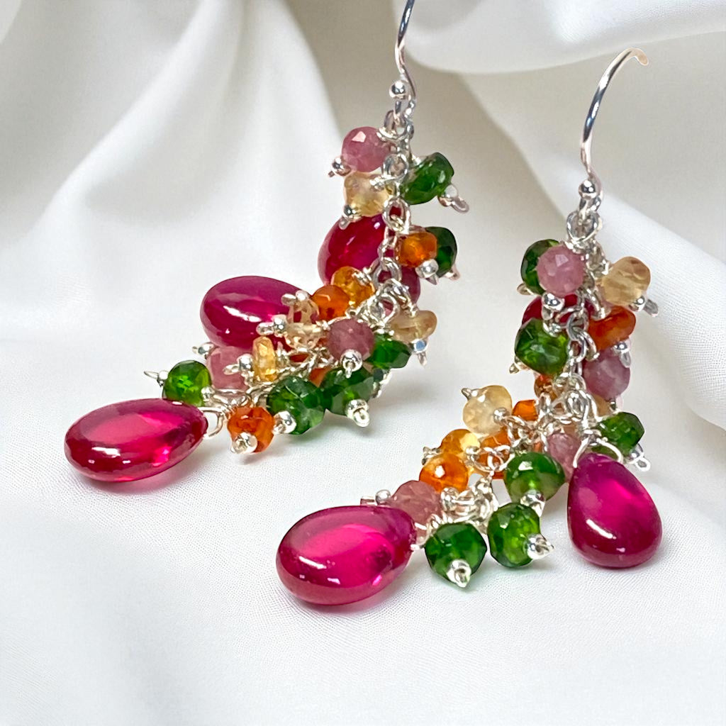 Rubellite Multi Gemstone Long Dangle Earrings Sterling Silver