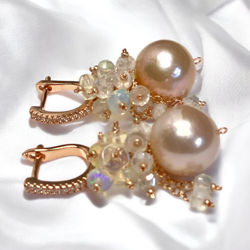 Pink Blush Pearl Opal Cluster Earrings Rose Gold