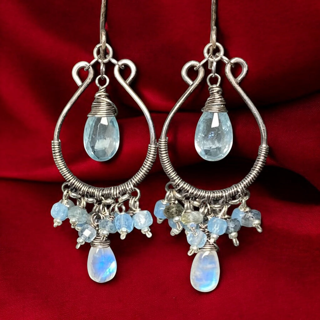 Aquamarine Oxidized Sterling Silver Hoop Chandelier Earrings