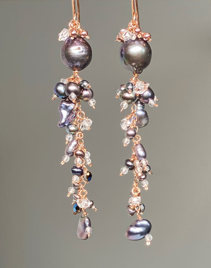 Black Peacock Pearl and Herkimer Crystal Dangle Earrings Rose Gold